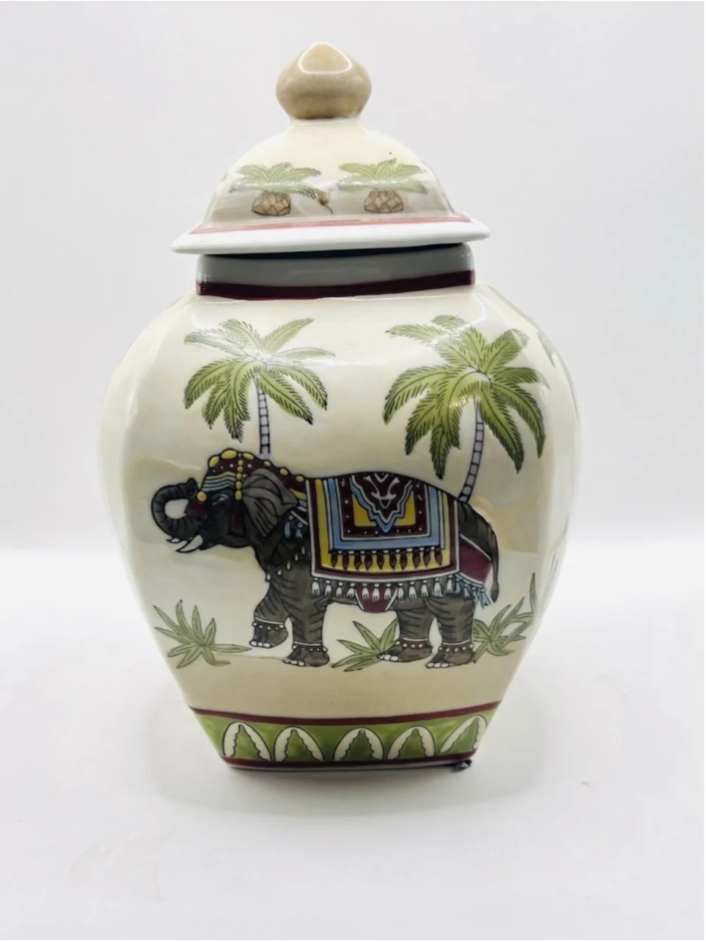Vintage Chinese Elephant Palm Hand Painted Asian Artistic Canister Urn Vase
